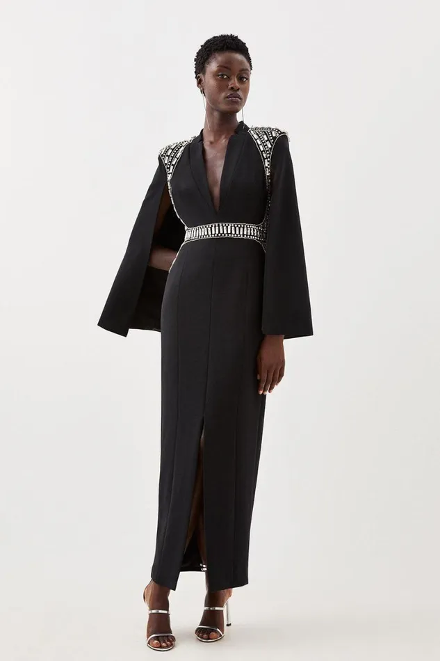 Dresses Women Karen Millen Petite Embellished Caddy Plunge Cape Sleeve Woven Midi Dress Black