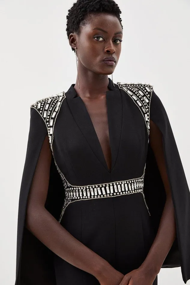 Dresses Women Karen Millen Petite Embellished Caddy Plunge Cape Sleeve Woven Midi Dress Black