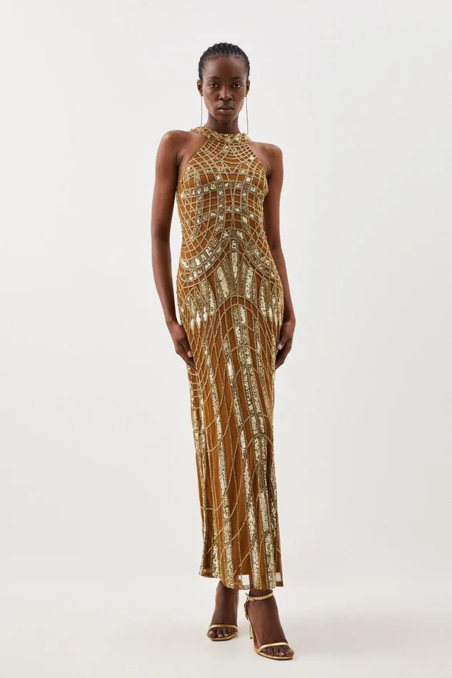 Dresses Women Karen Millen Petite Embellished Geo Halter Woven Maxi Dress Gold