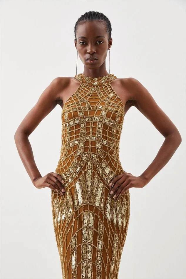 Dresses Women Karen Millen Petite Embellished Geo Halter Woven Maxi Dress Gold