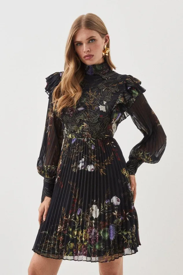 Dresses Women Karen Millen Petite Floral Applique Lace Pleated Woven Midi Dress Black