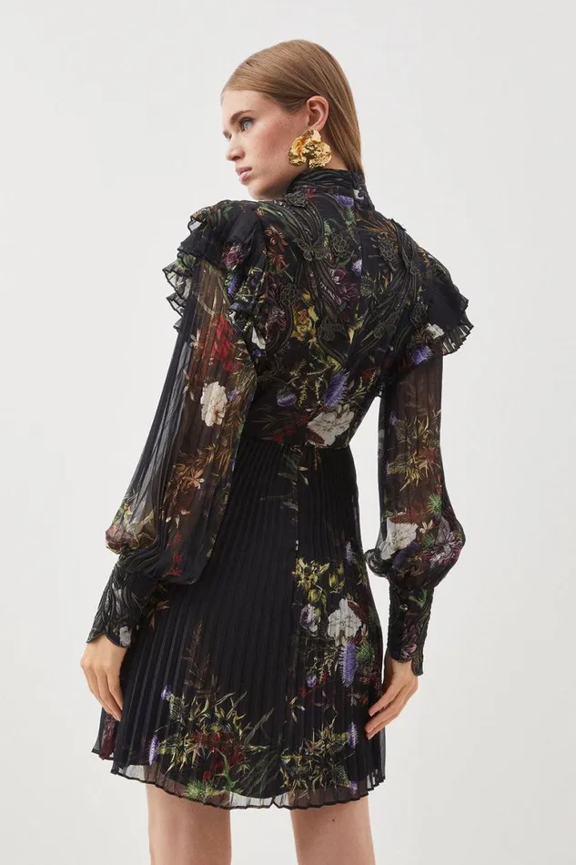 Dresses Women Karen Millen Petite Floral Applique Lace Pleated Woven Midi Dress Black