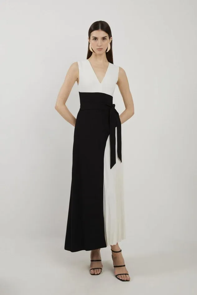 Dresses Women Karen Millen Petite Fluid Tailored Colourblock Side Pleated Midi Dress Mono