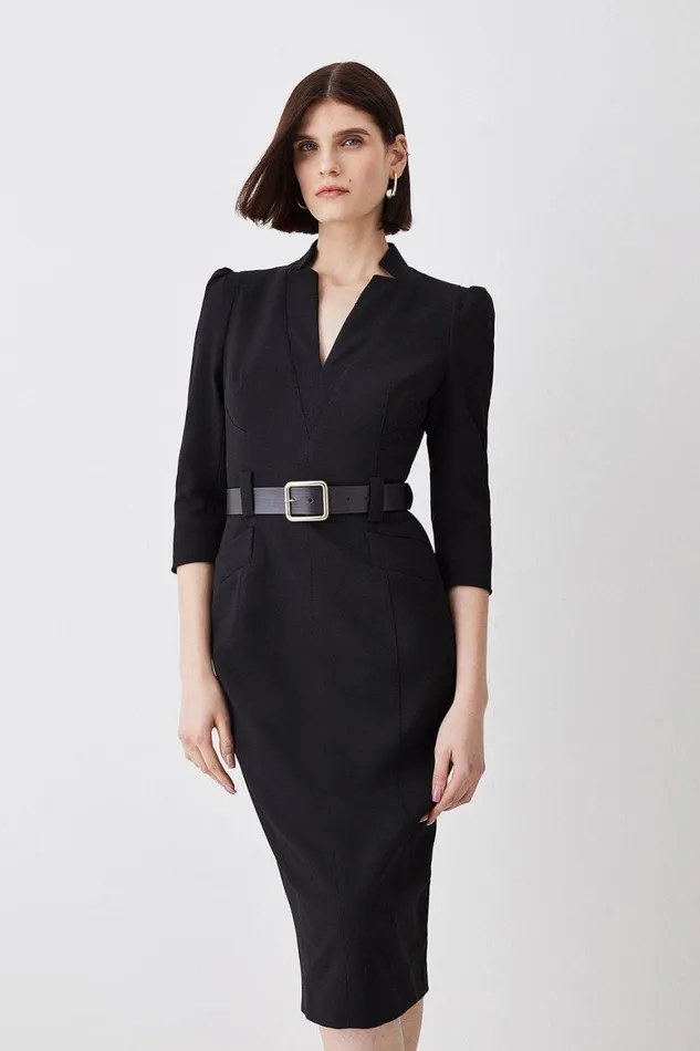 Dresses Women Karen Millen Petite Forever Belted Midi Pencil Dress Black