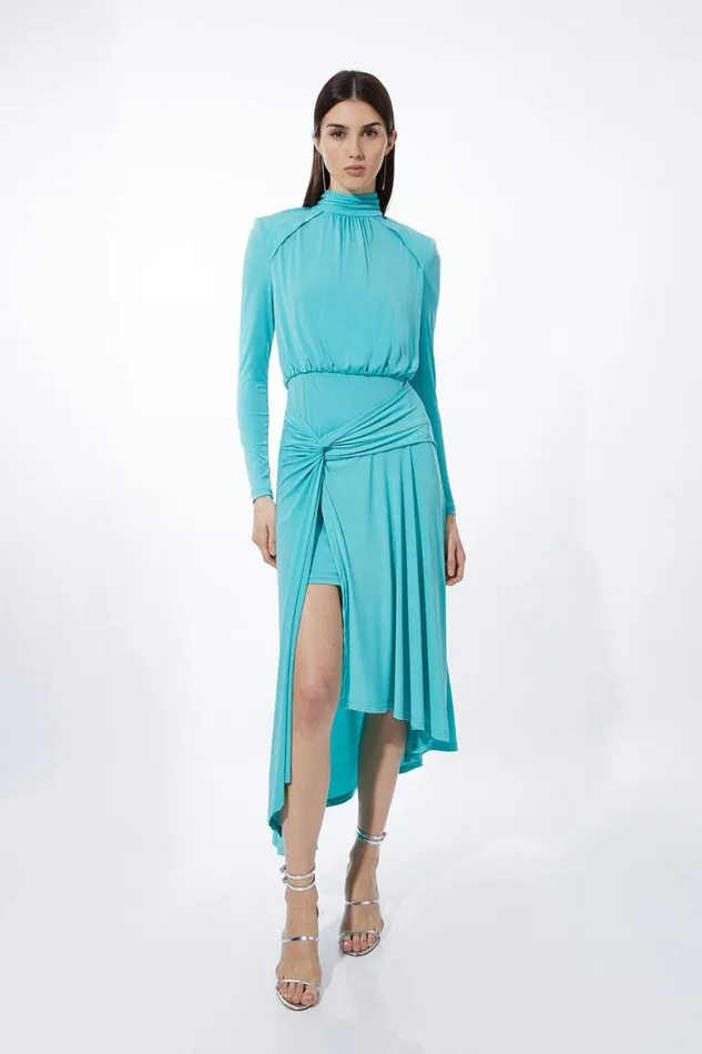 Dresses Women Karen Millen Petite Knot Waist Drapey Jersey Crepe Maxi Dress Aqua