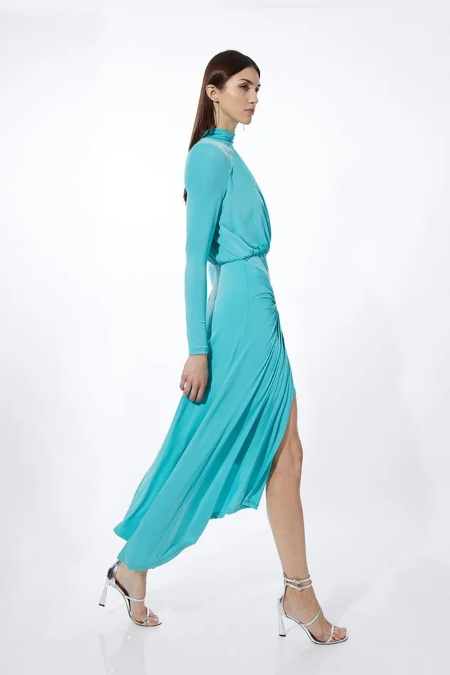 Dresses Women Karen Millen Petite Knot Waist Drapey Jersey Crepe Maxi Dress Aqua