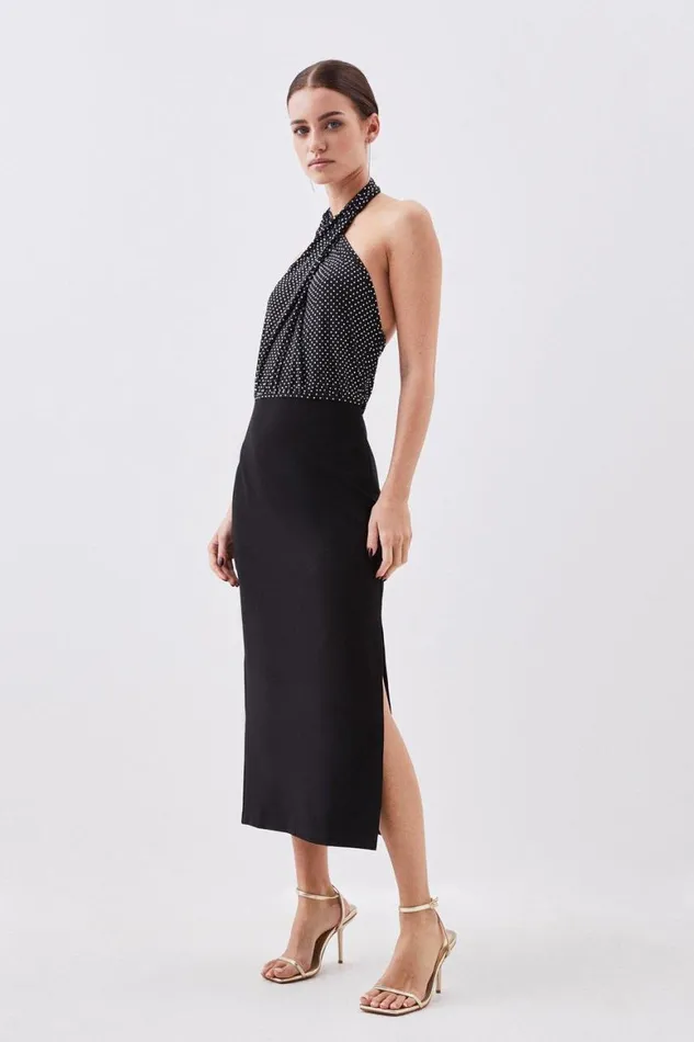 Dresses Women Karen Millen Petite Premium Embellished Diamante Midi Dress Silver