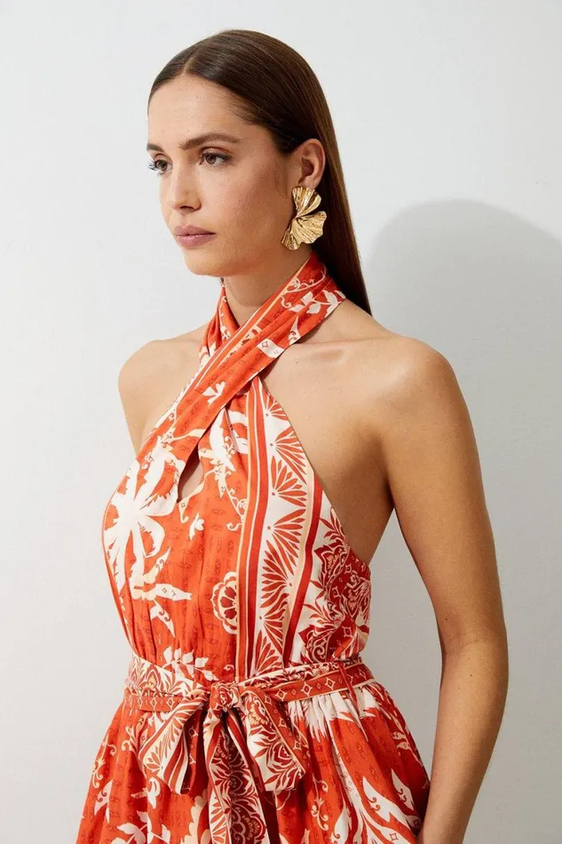 Dresses Women Karen Millen Petite Printed Viscose Cross Body Woven Mini Dress Orange