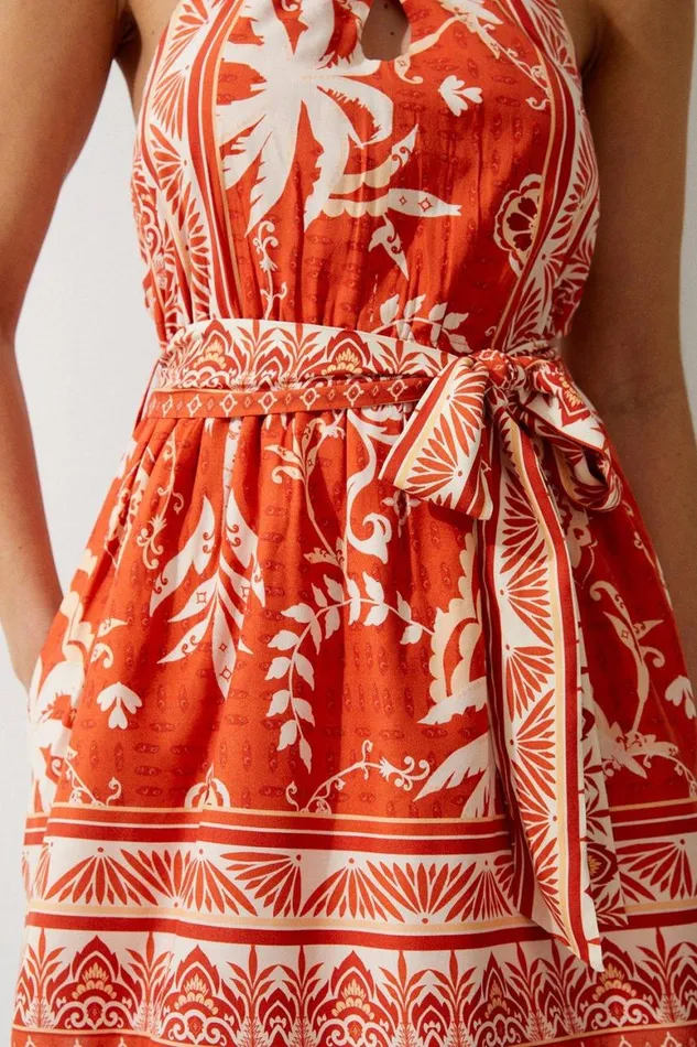 Dresses Women Karen Millen Petite Printed Viscose Cross Body Woven Mini Dress Orange