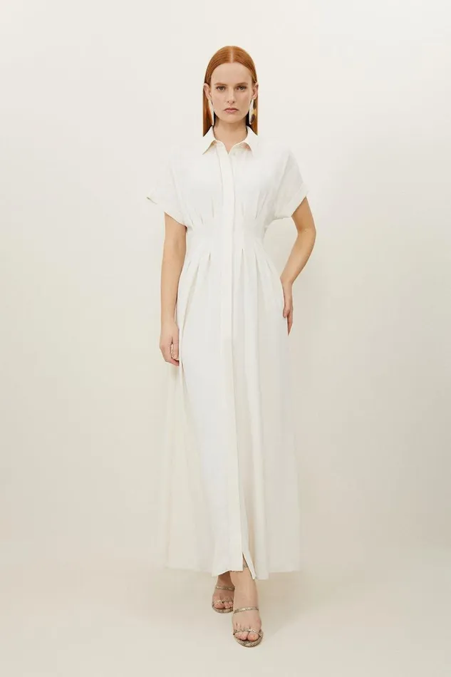 Dresses Women Karen Millen Petite Soft Tailored Belted Darted Midi Shirt Dress Ivory