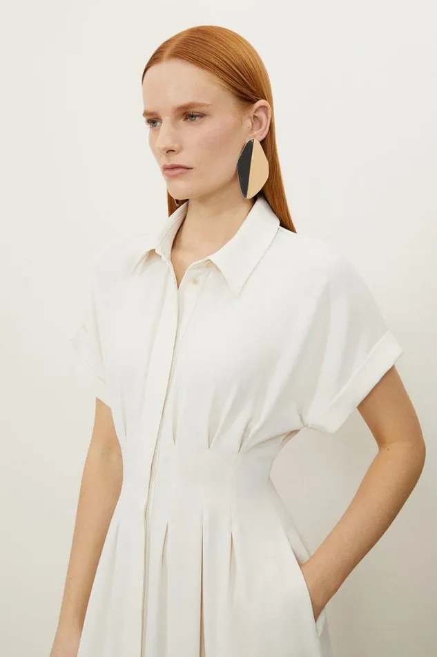 Dresses Women Karen Millen Petite Soft Tailored Belted Darted Midi Shirt Dress Ivory