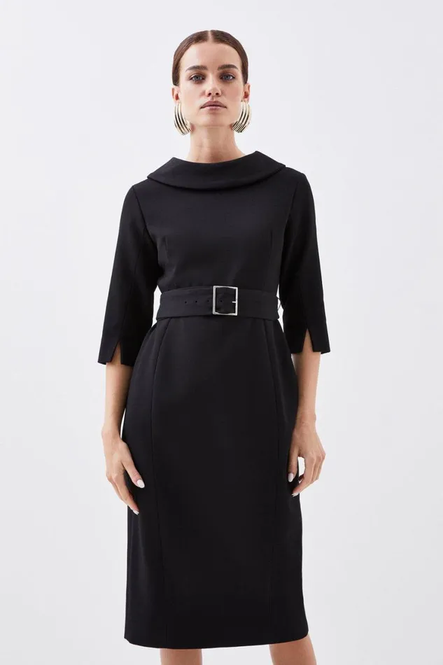 Dresses Women Karen Millen Petite Structured Crepe Roll Neck Belted Tailored Midi Dress Black