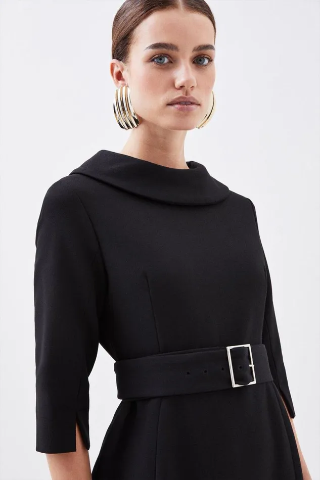 Dresses Women Karen Millen Petite Structured Crepe Roll Neck Belted Tailored Midi Dress Black