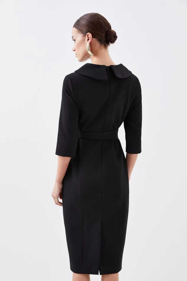Dresses Women Karen Millen Petite Structured Crepe Roll Neck Belted Tailored Midi Dress Black