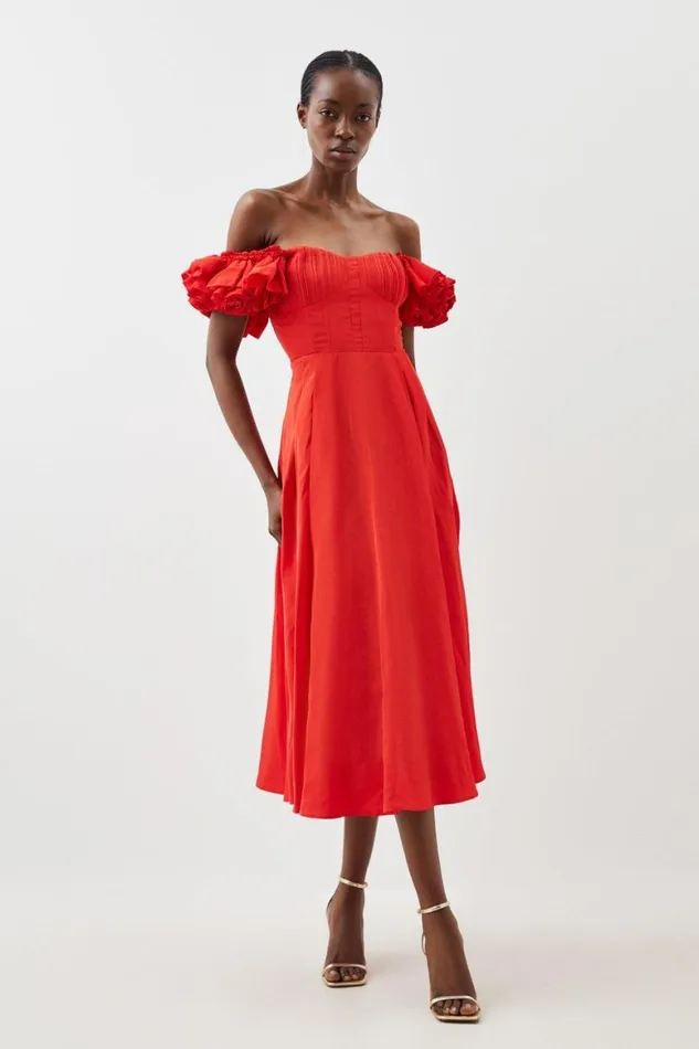 Dresses Women Karen Millen Petite Taffeta Ruffle Woven Midi Dress Red