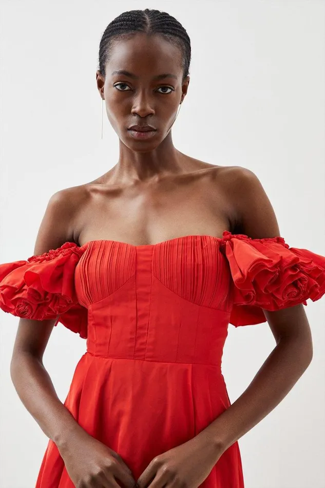 Dresses Women Karen Millen Petite Taffeta Ruffle Woven Midi Dress Red