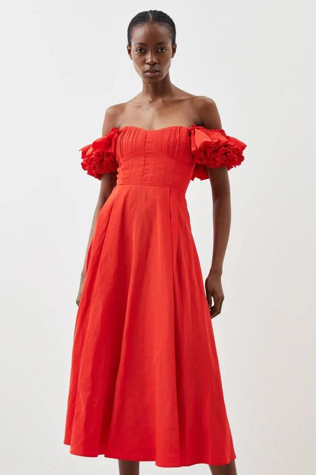 Dresses Women Karen Millen Petite Taffeta Ruffle Woven Midi Dress Red