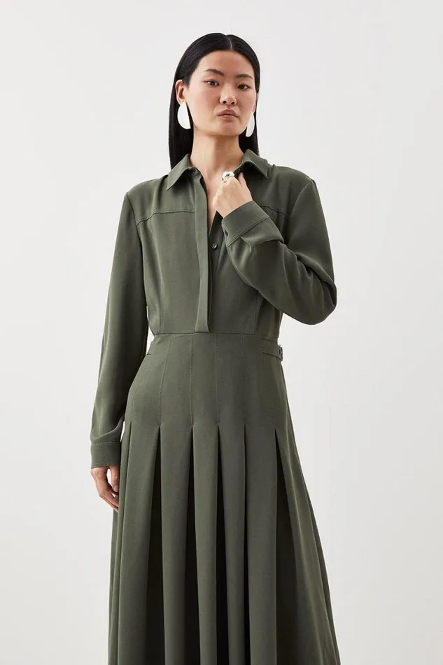 Dresses Women Karen Millen Petite Tailored Crepe Pleated Shirt Dress Khaki