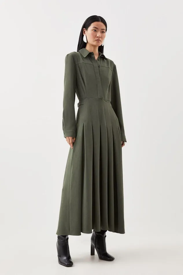 Dresses Women Karen Millen Petite Tailored Crepe Pleated Shirt Dress Khaki