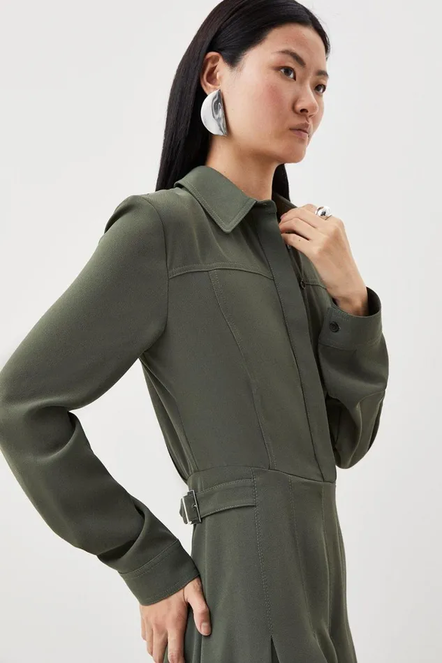Dresses Women Karen Millen Petite Tailored Crepe Pleated Shirt Dress Khaki