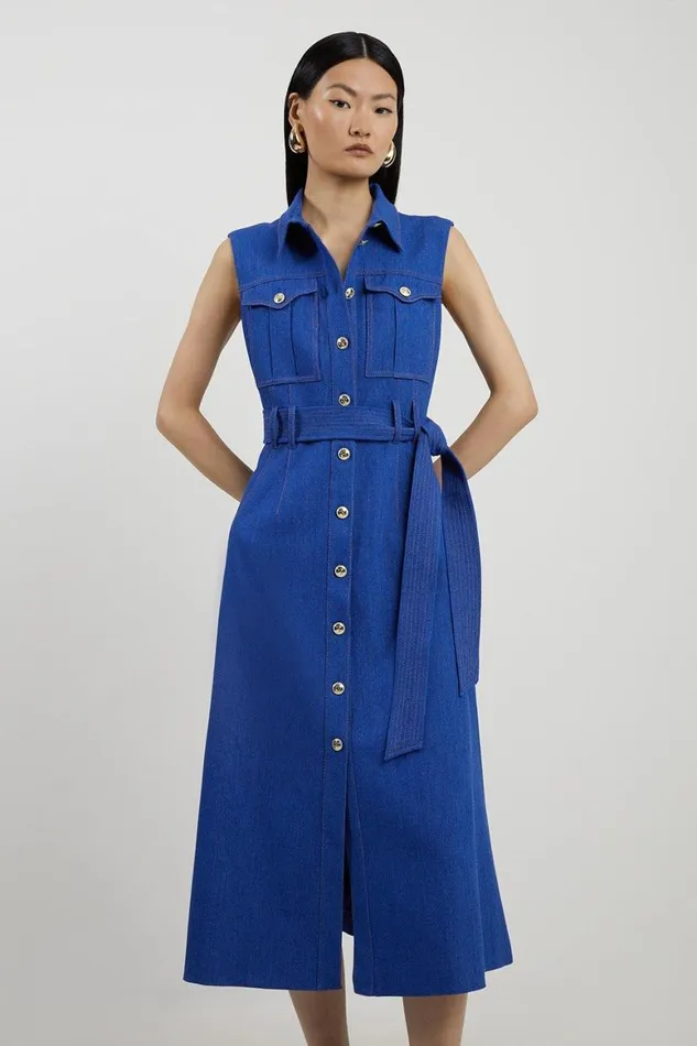 Dresses Women Karen Millen Petite Tailored Denim Pocket Belted Full Skirt Midi Shirt Dress Mid Blue