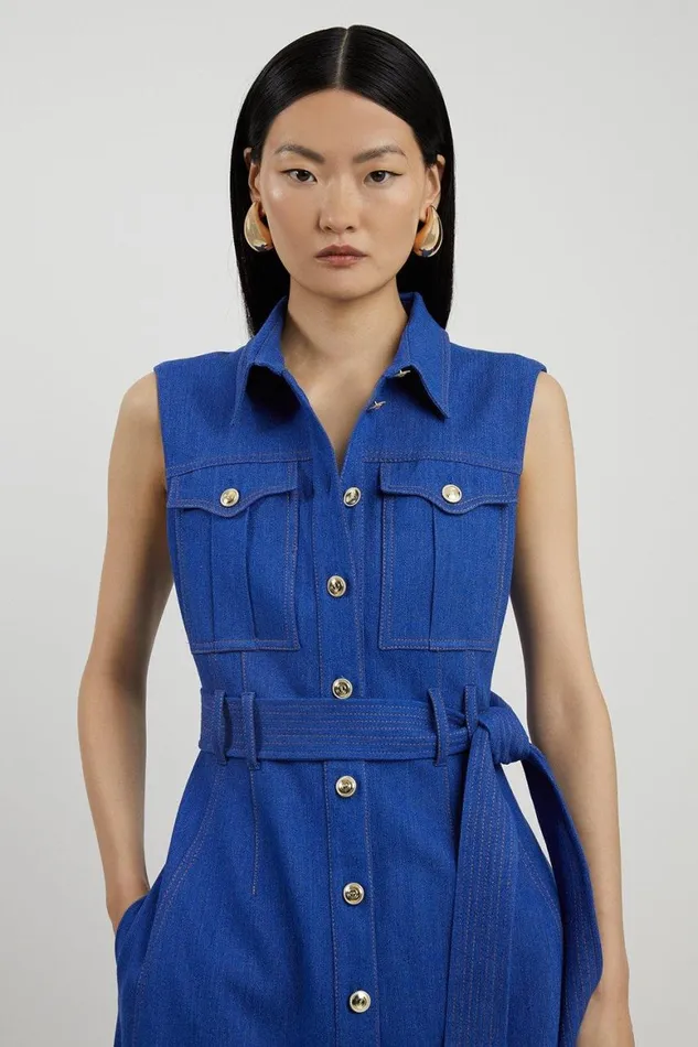 Dresses Women Karen Millen Petite Tailored Denim Pocket Belted Full Skirt Midi Shirt Dress Mid Blue