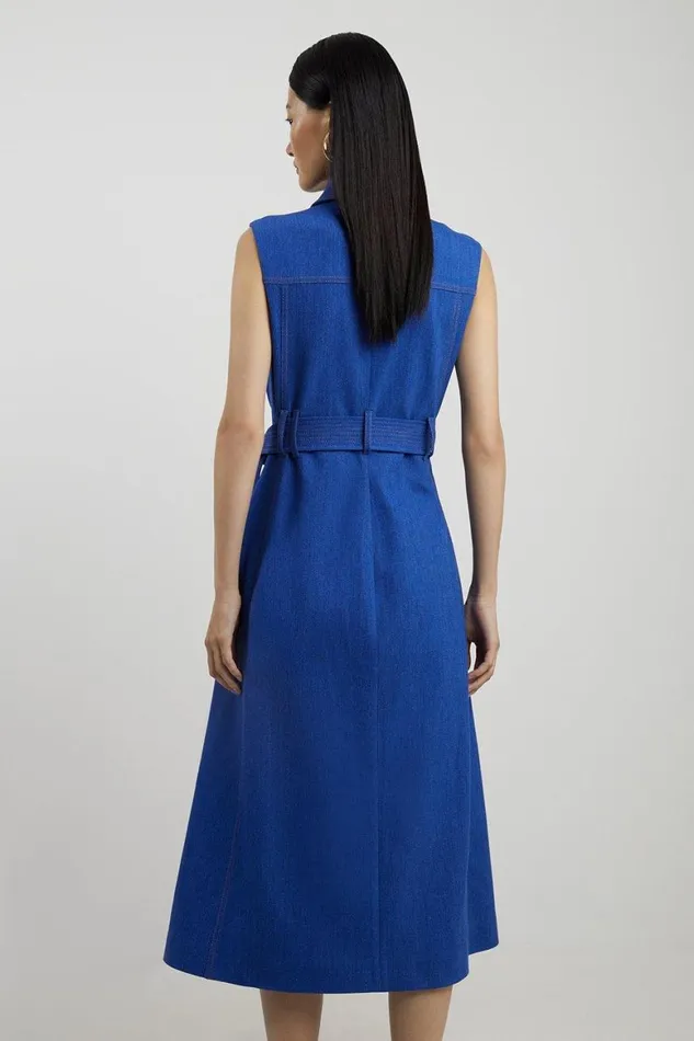 Dresses Women Karen Millen Petite Tailored Denim Pocket Belted Full Skirt Midi Shirt Dress Mid Blue