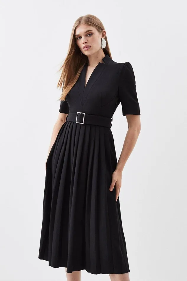 Dresses Women Karen Millen Petite Tailored Structured Crepe Forever Pleat Midi Dress Black