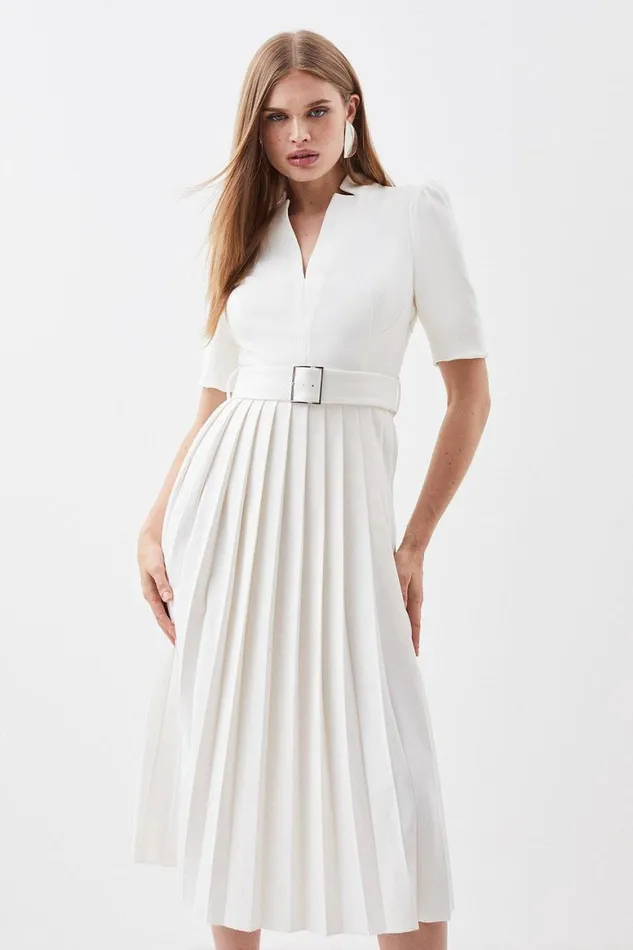 Dresses Women Karen Millen Petite Tailored Structured Crepe Forever Pleat Midi Dress Ecru