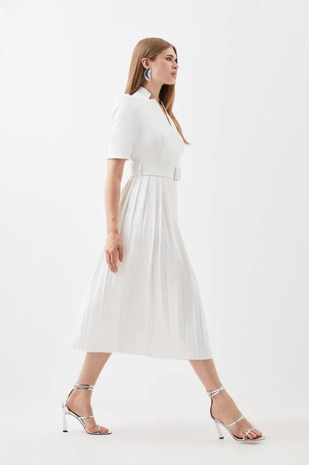 Dresses Women Karen Millen Petite Tailored Structured Crepe Forever Pleat Midi Dress Ecru