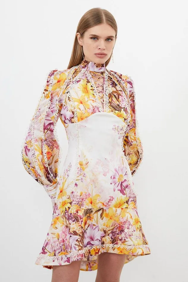 Dresses Women Karen Millen Petite Trailing Floral Woven Plunge Mini Dress Floral