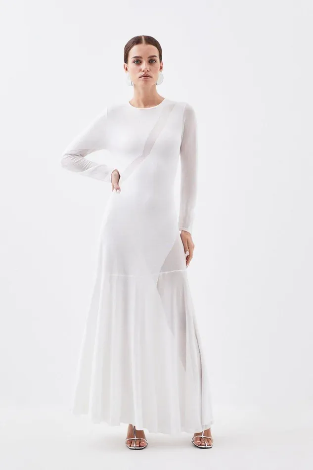 Dresses Women Karen Millen Petite Viscose Blend Sheer Knit Panelled Maxi Dress Ivory
