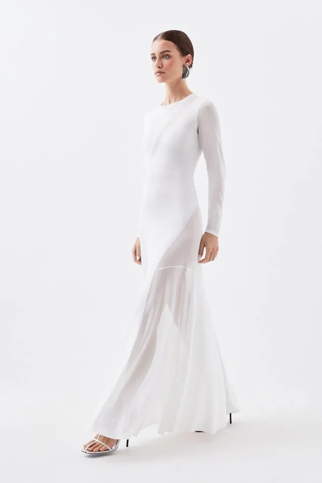 Dresses Women Karen Millen Petite Viscose Blend Sheer Knit Panelled Maxi Dress Ivory