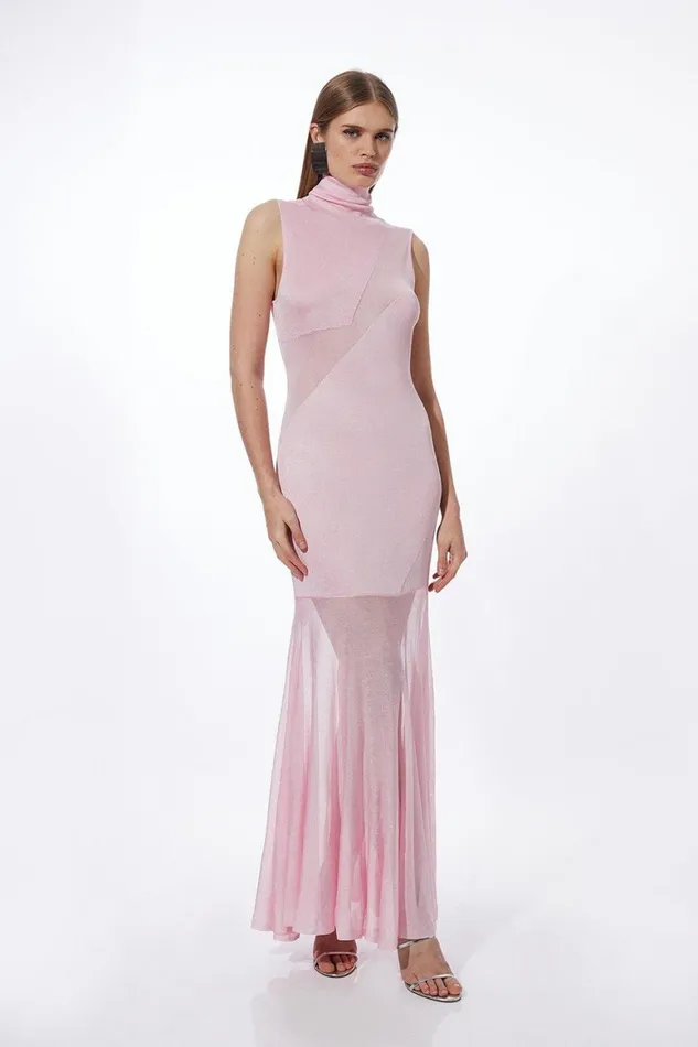 Dresses Women Karen Millen Petite Viscose Blend Slinky Sheer Knit Roll Neck Maxi Dress Blush