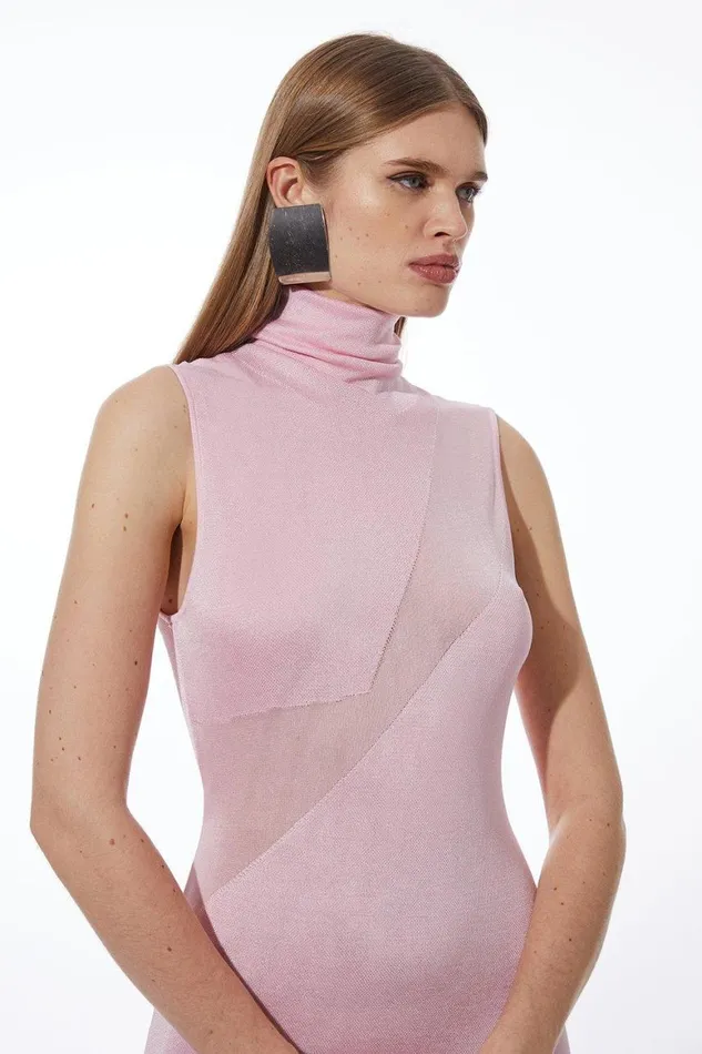 Dresses Women Karen Millen Petite Viscose Blend Slinky Sheer Knit Roll Neck Maxi Dress Blush