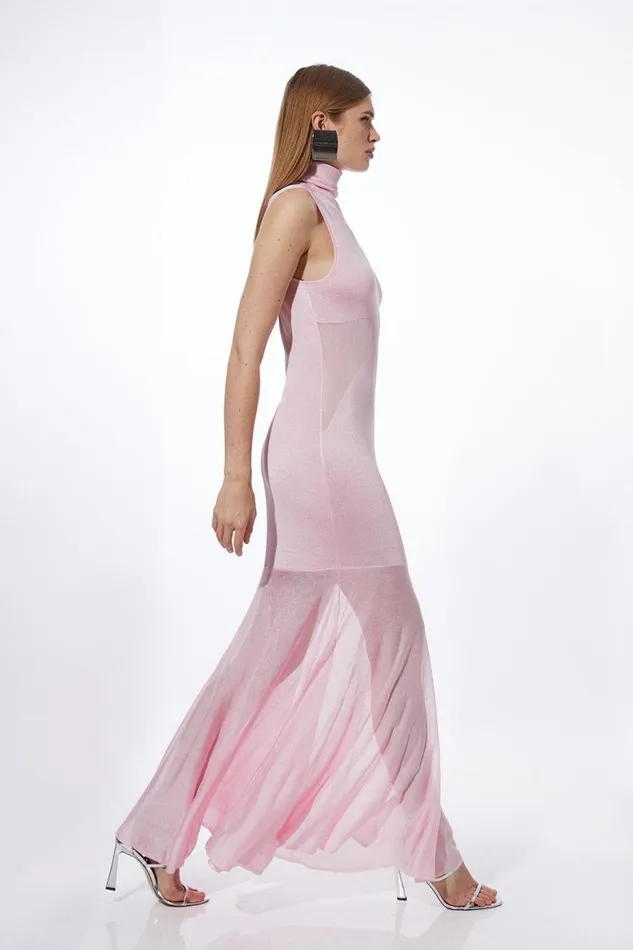 Dresses Women Karen Millen Petite Viscose Blend Slinky Sheer Knit Roll Neck Maxi Dress Blush