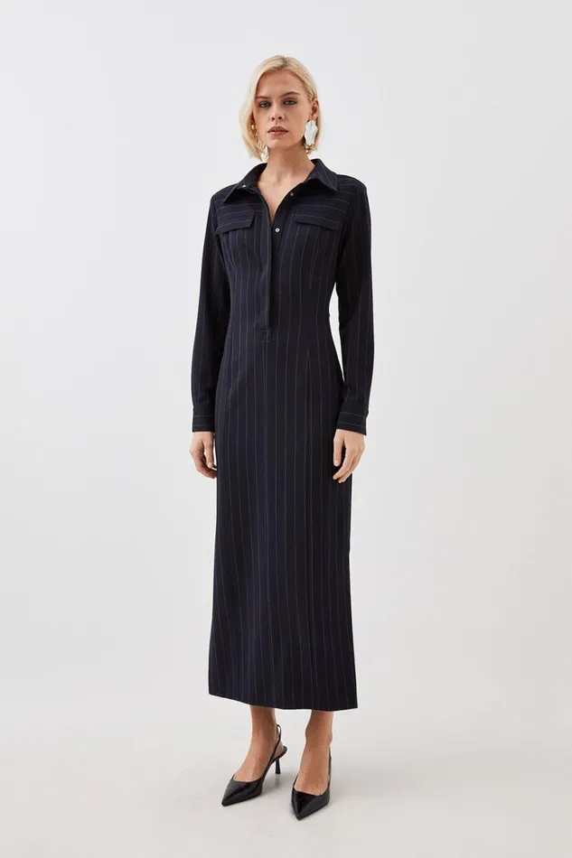 Dresses Women Karen Millen Pinstripe Stretch Crepe Tailored Midi Shirt Dress Stripe