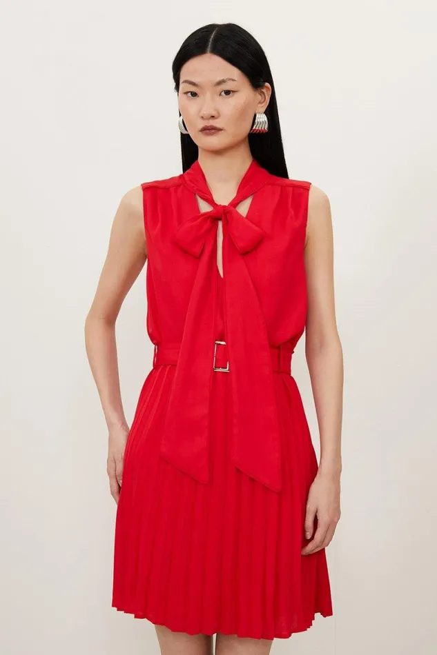 Dresses Women Karen Millen Pleated Georgette Tie Neck Mini Dress Red