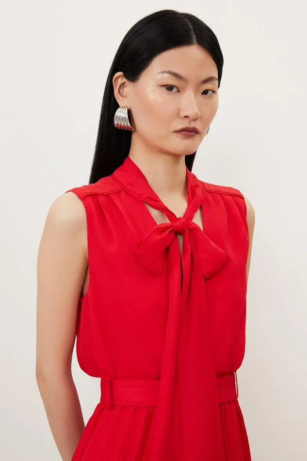 Dresses Women Karen Millen Pleated Georgette Tie Neck Mini Dress Red