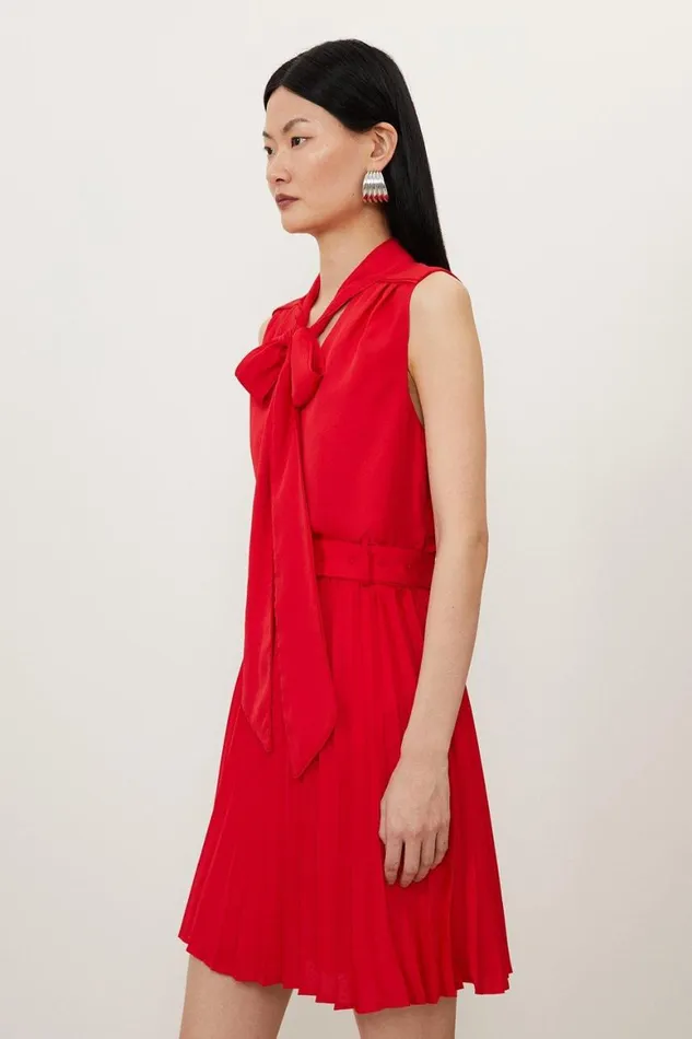Dresses Women Karen Millen Pleated Georgette Tie Neck Mini Dress Red
