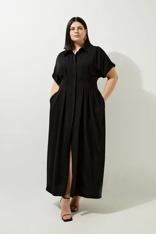 Dresses Women Karen Millen Plus Size Soft Tailored Belted Darted Midi Shirt Dress Black