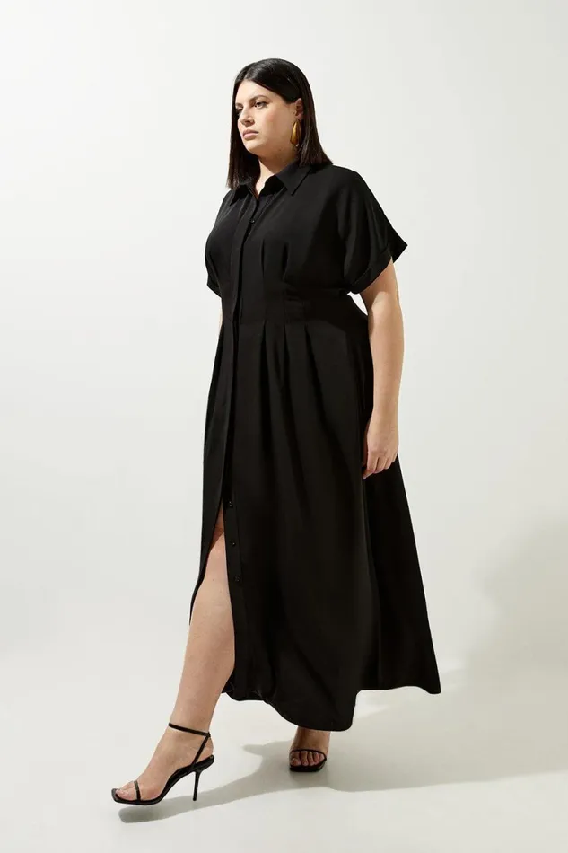 Dresses Women Karen Millen Plus Size Soft Tailored Belted Darted Midi Shirt Dress Black