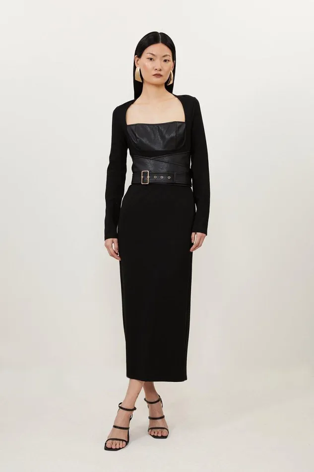 Dresses Women Karen Millen Ponte And Pu Mix Buckle Detail Midi Dress Black