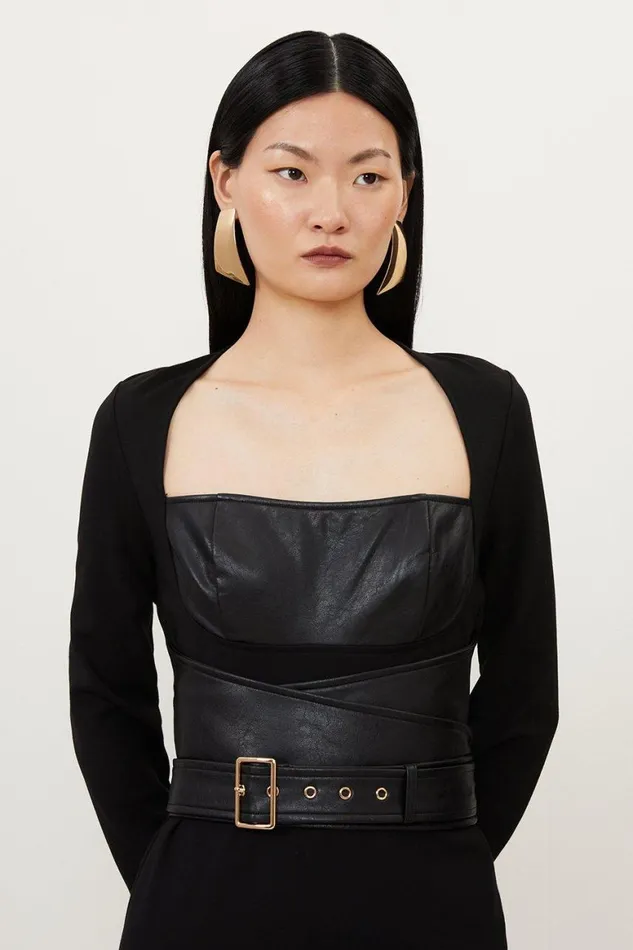 Dresses Women Karen Millen Ponte And Pu Mix Buckle Detail Midi Dress Black