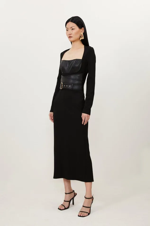 Dresses Women Karen Millen Ponte And Pu Mix Buckle Detail Midi Dress Black