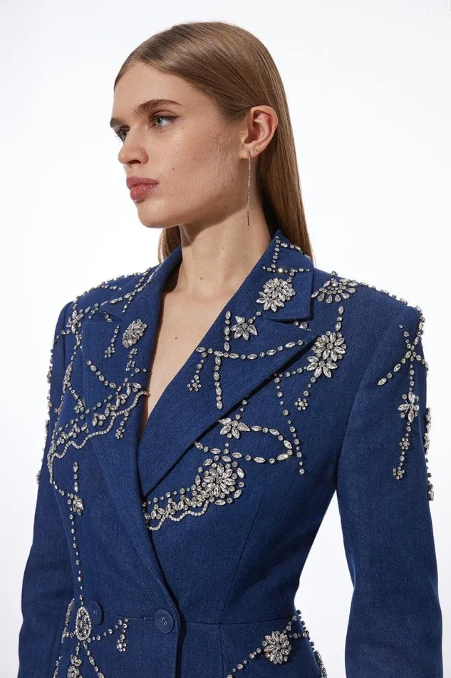 Dresses Women Karen Millen Premium Crystal Embellished Denim Blazer Dress Denim