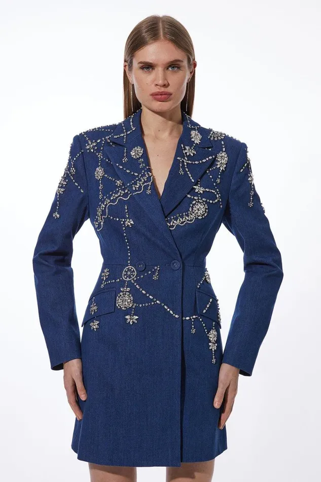 Dresses Women Karen Millen Premium Crystal Embellished Denim Blazer Dress Denim