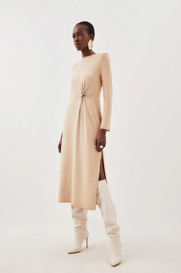 Dresses Women Karen Millen Premium Drape Knit Gathered Trim Detail Midi Dress Natural