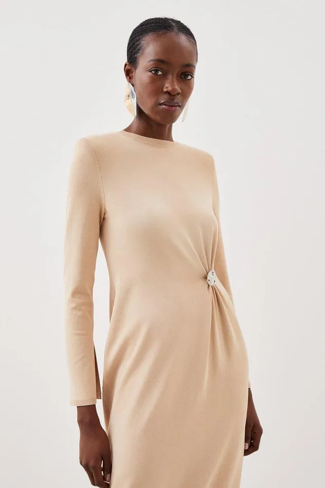 Dresses Women Karen Millen Premium Drape Knit Gathered Trim Detail Midi Dress Natural