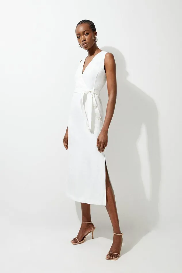 Dresses Women Karen Millen Premium Linen Tailored Button Detail Belted Midi Dress Ivory